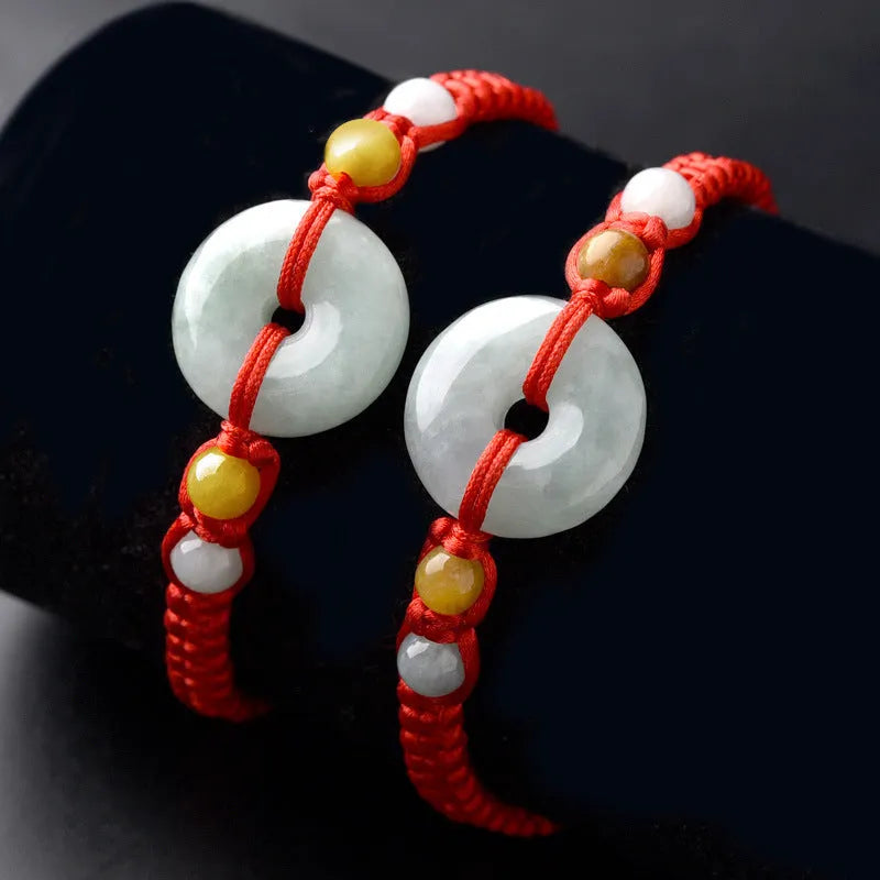 Emerald round jade pendant on adjustable red rope bracelet with certificate