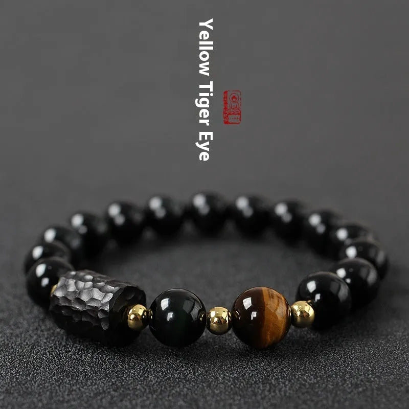 Unisex obsidian bracelet with 10mm round tiger eye beads in yellow, handcrafted retro style
