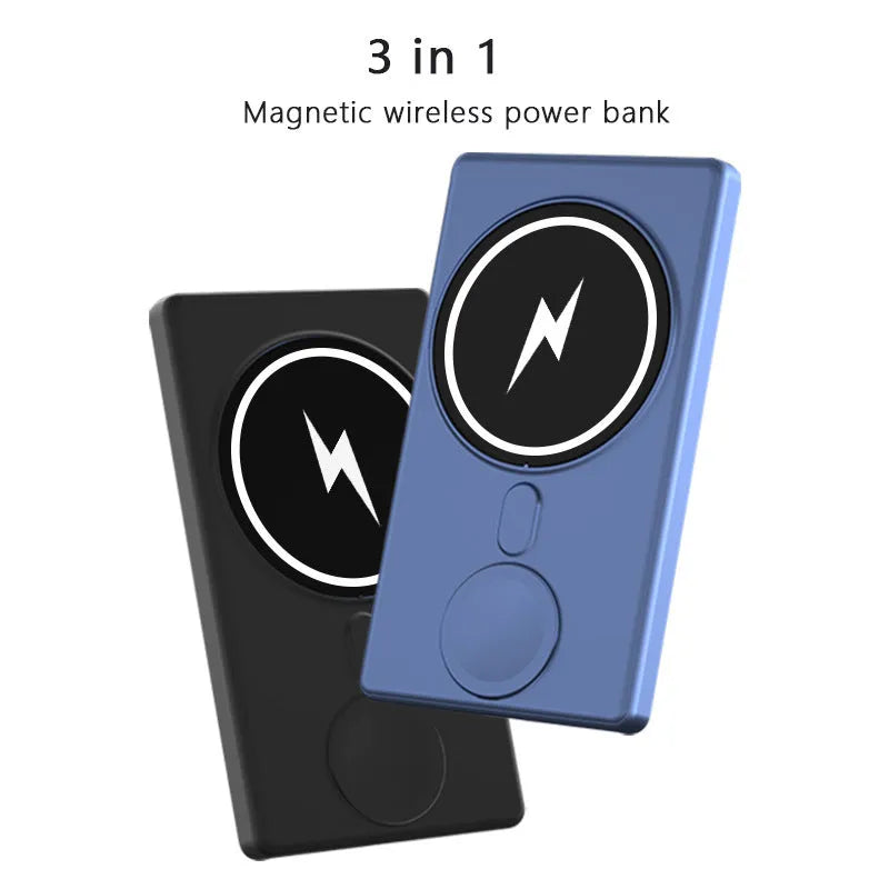Three-in-one magnetic wireless charging power bank 5000mAh PVC ultra-thin black blue