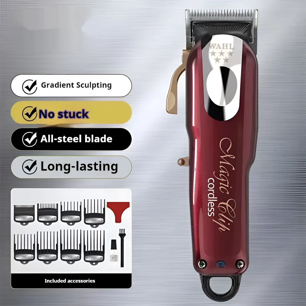 Hair clipper with stainless steel cutter head and UK, US, EU plug adapters for adults and children
