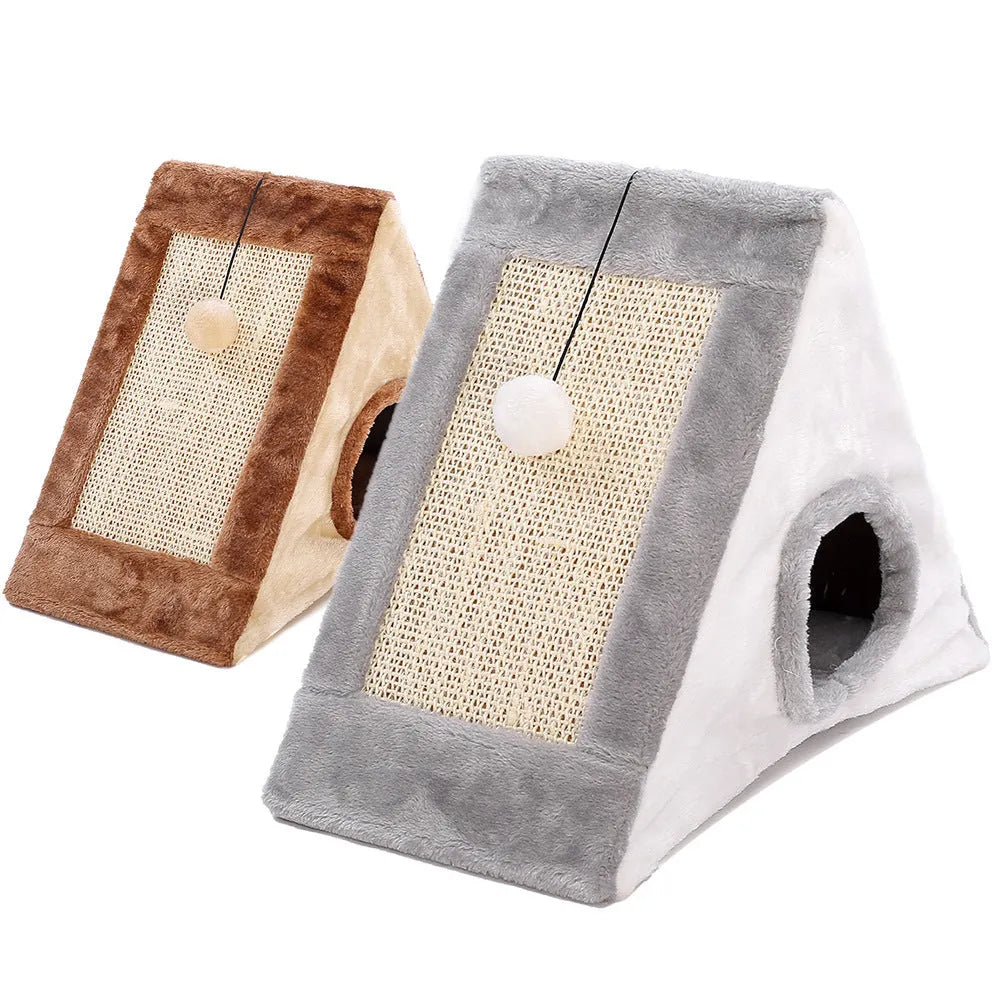 Triangular faux fur cat scratching post and bed platform in grey and white colours.