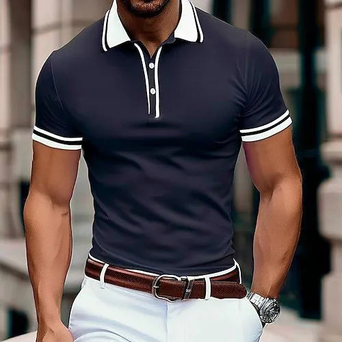 Men's loose striped short-sleeved polyester T-shirt in multiple colours for summer leisure wear