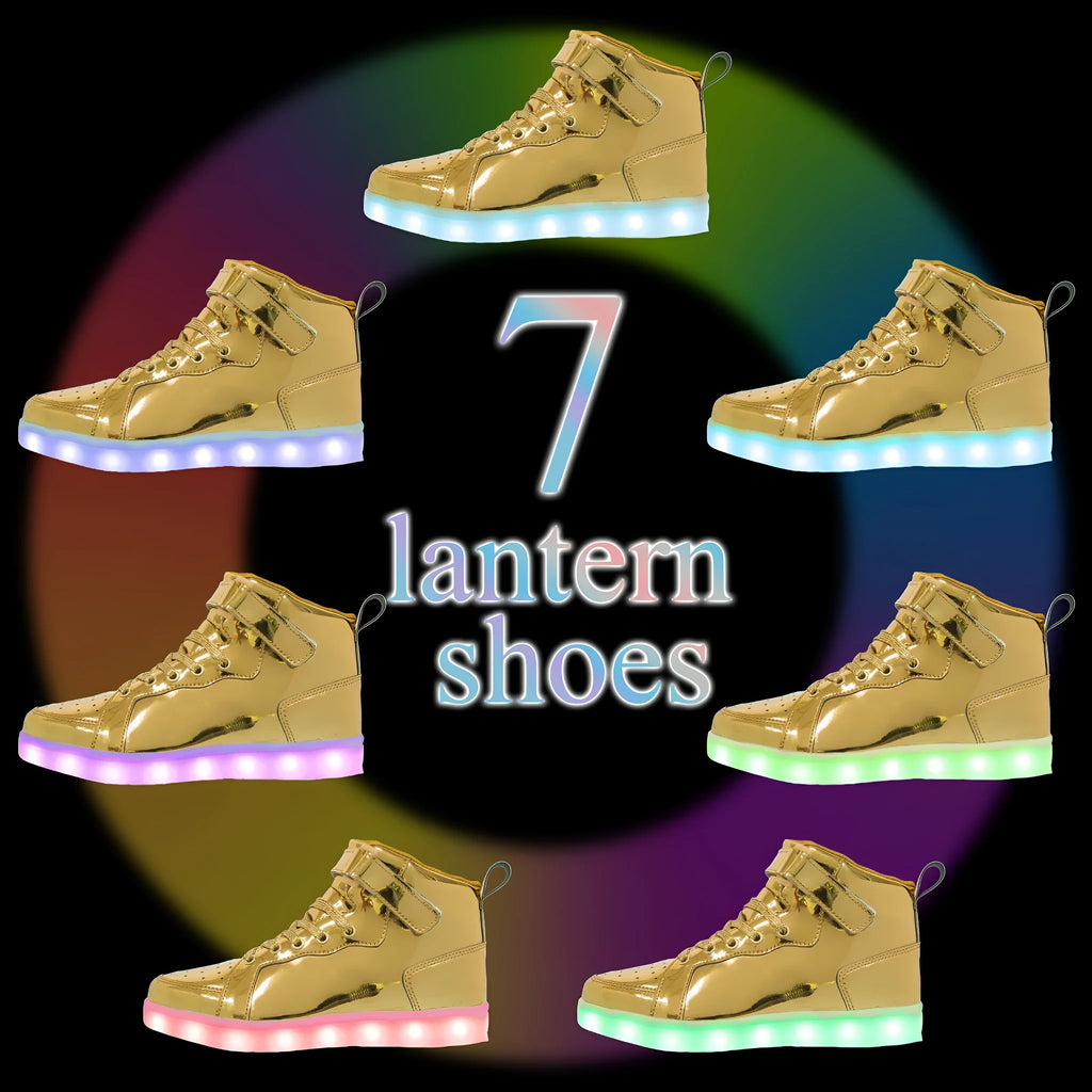 LED high-top board shoes with velcro strap and light-up sole in black, gold, and white colours