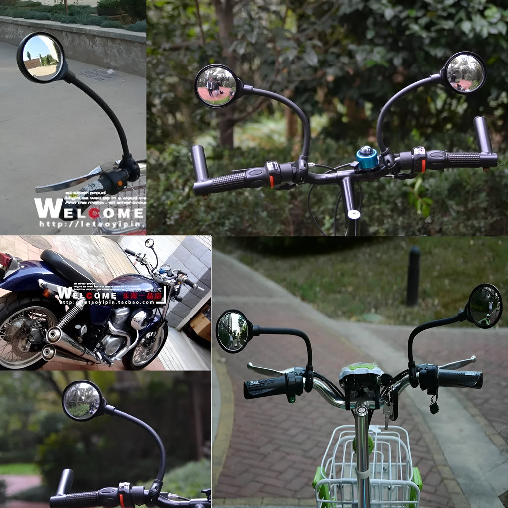 Close-up of a black metal bicycle rearview mirror with hose adjustment mechanism and reflector on a handlebar