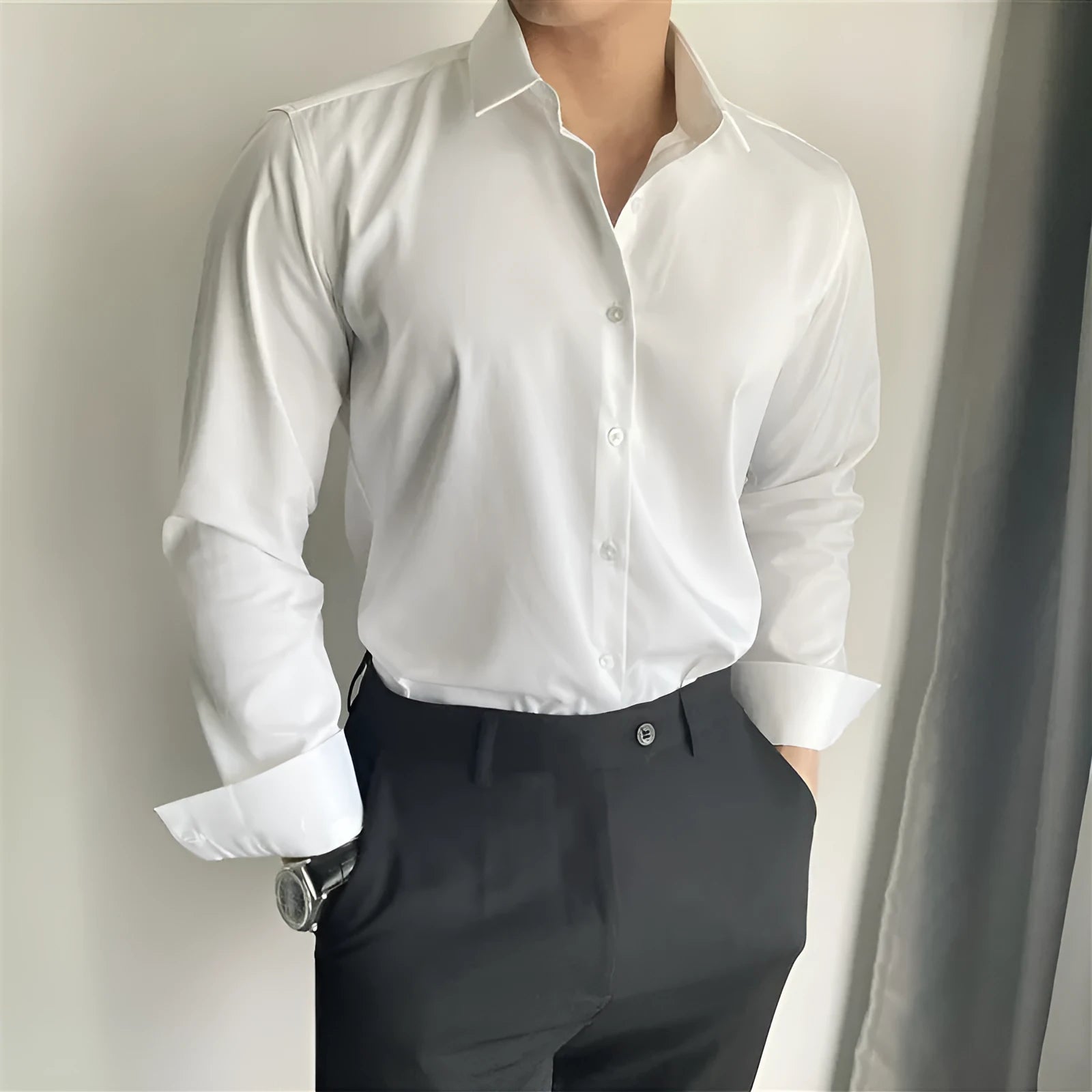 Men's solid colour Korean slim fit cardigan shirt in white, black, and dark gray, available in sizes S-5XL