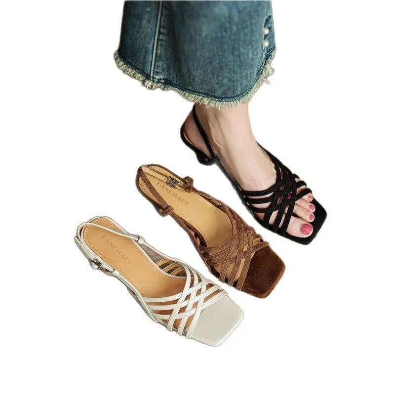 Retro women's sandals with thin cross straps and square toe, shown in light brown colour with ankle buckle