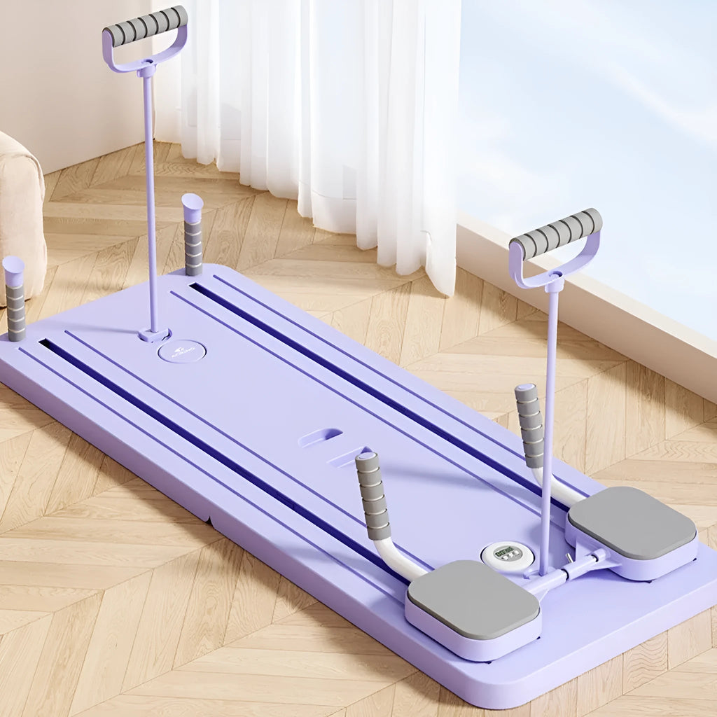 Purple fitness board with abdominal wheel and automatic rebound mechanism for home exercises