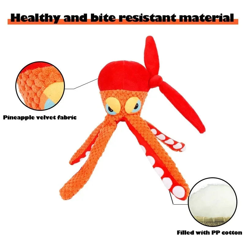 Orange octopus plush dog toy with squeaker for dental cleaning pet supplies