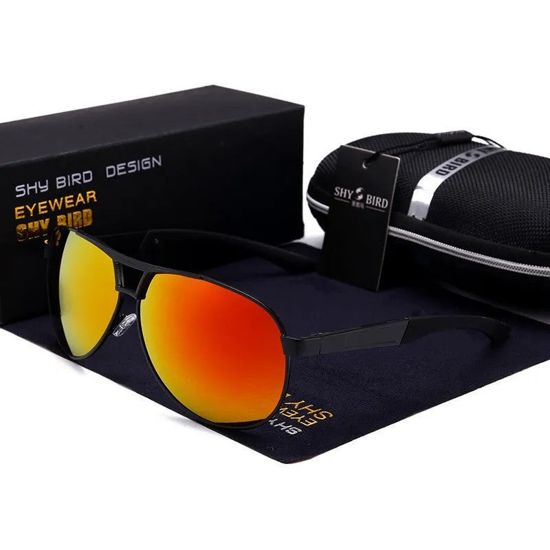 Men's orange red aviator sunglasses with polarised HD lenses and a metal frame.