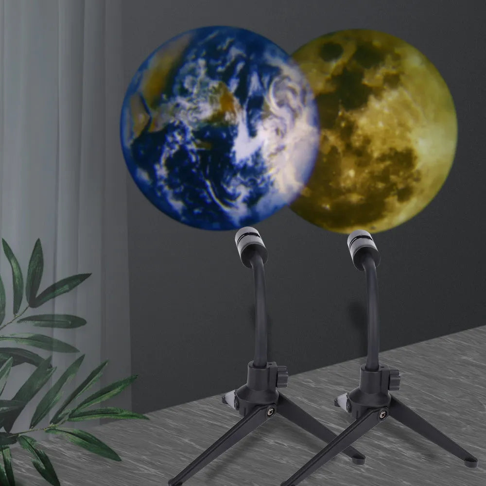 A 2 in 1 earth and moon projection lamp with a flexible hose bracket on a table