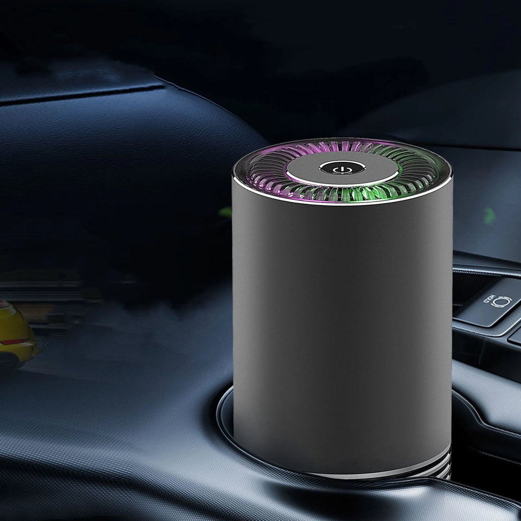 Car indoor wireless air purifier in silver, 65x150mm aluminium alloy body with USB power cord
