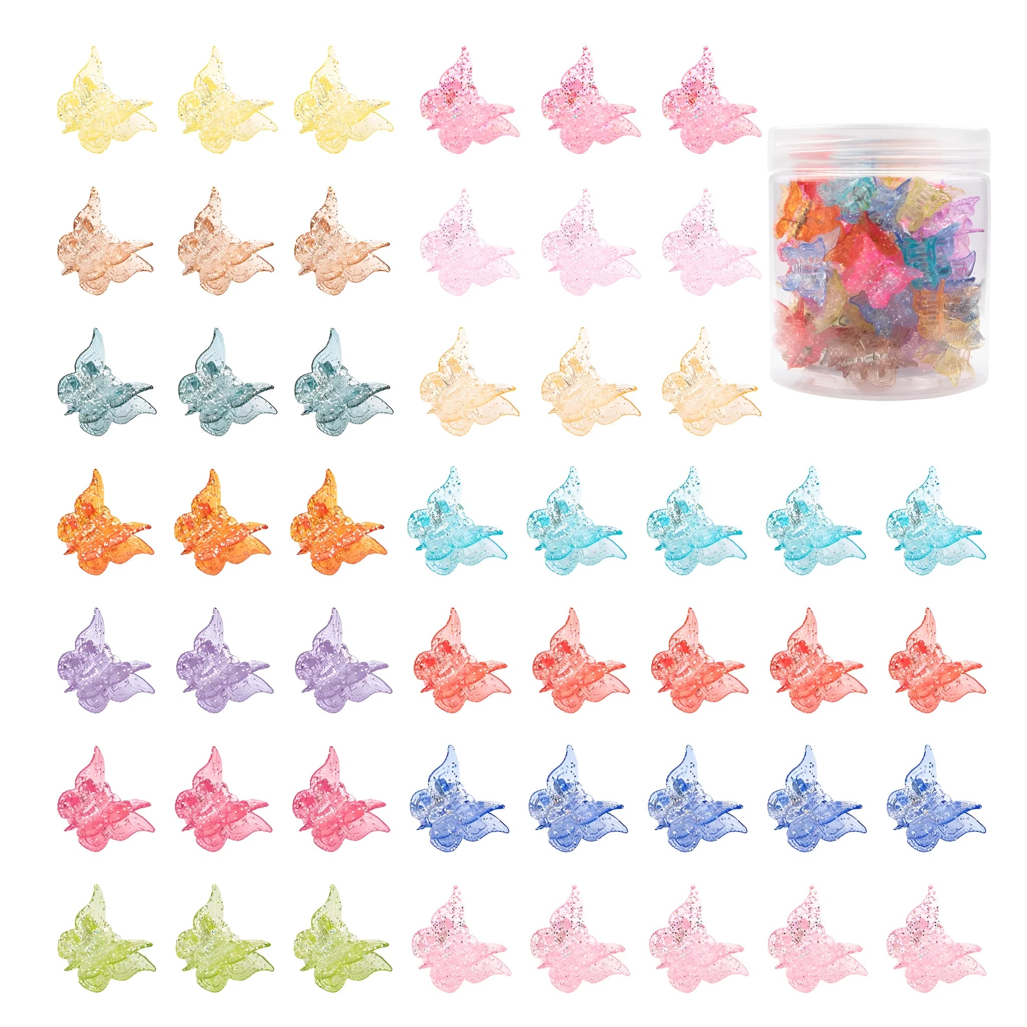 Set of 50 glitter mini butterfly hair claw clips in assorted colours, plastic and metal construction, 0.6 inches each