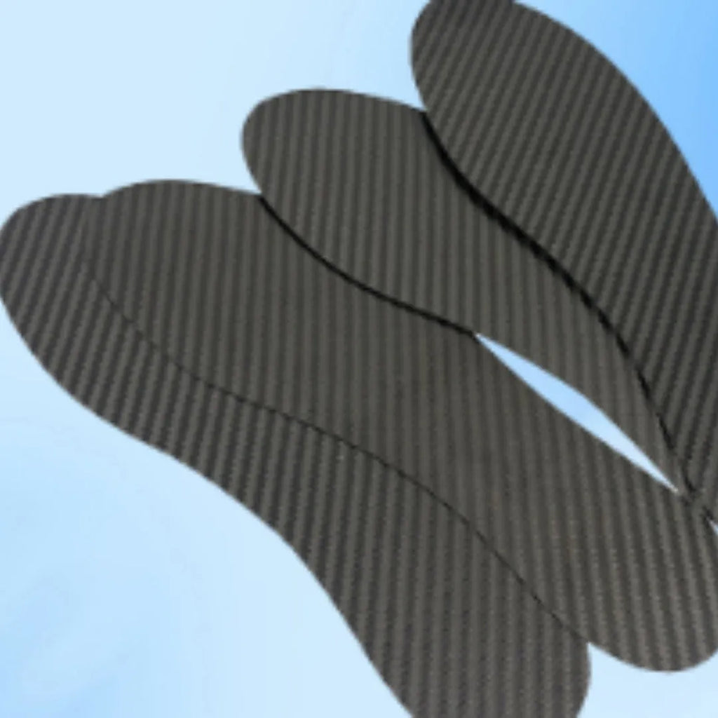 Black 3K carbon fiber running insoles showing full palm design and textured surface for shock absorption.