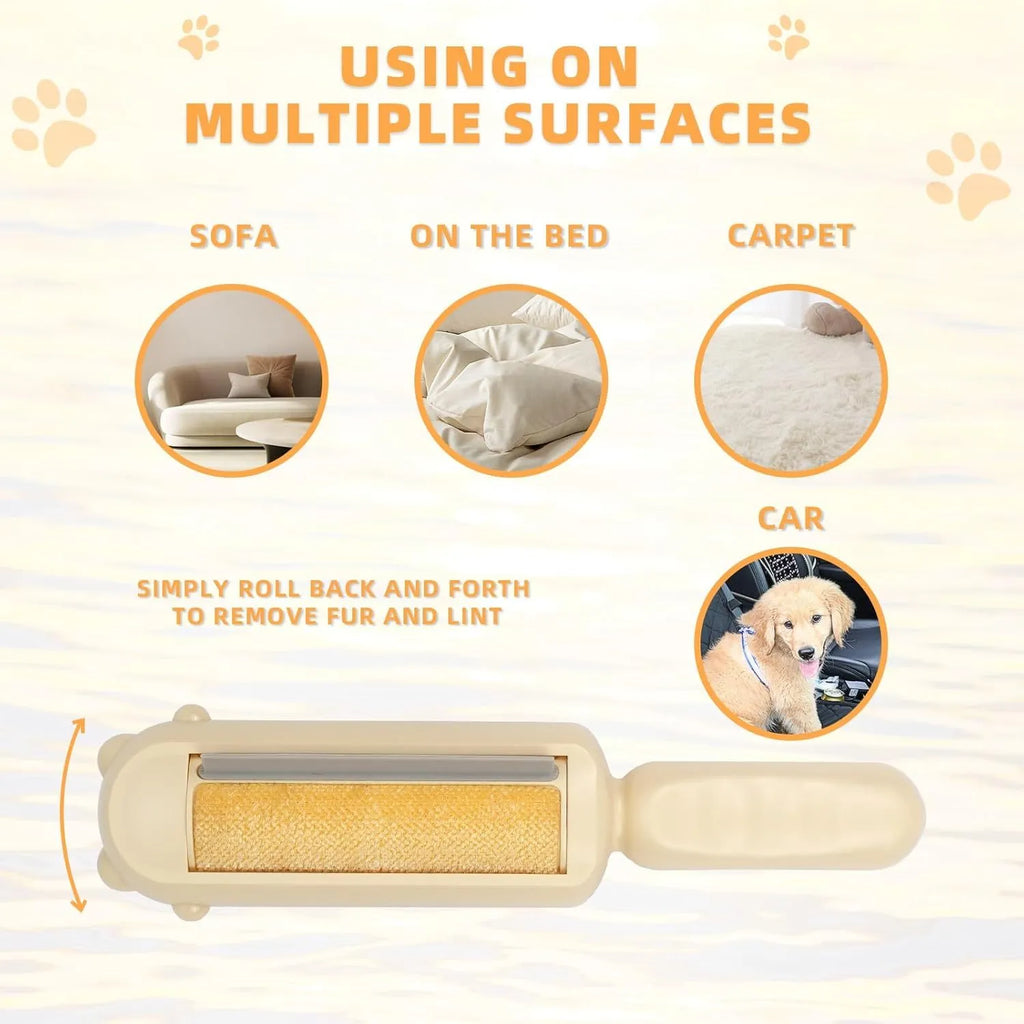 Blue reusable pet hair removal roller with self-cleaning base on a fabric sofa.