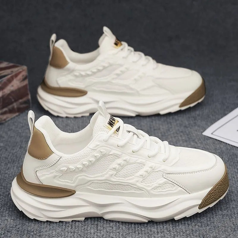 Men's white and black breathable mesh shoes with round toe design showing PU mesh upper construction
