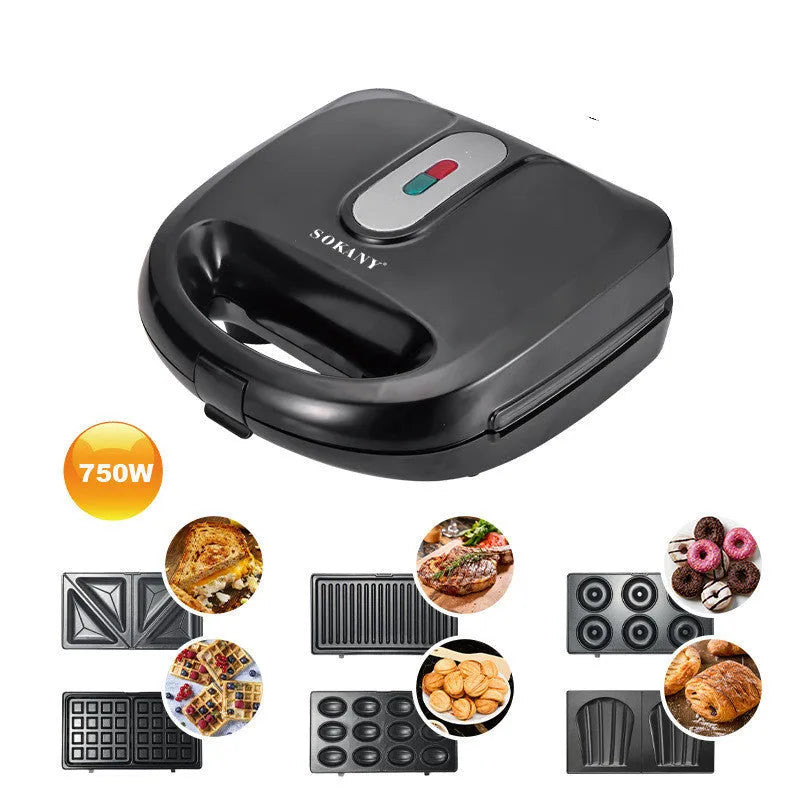 Black double-sided electric sandwich pan with brushed stainless steel cover on a kitchen counter.