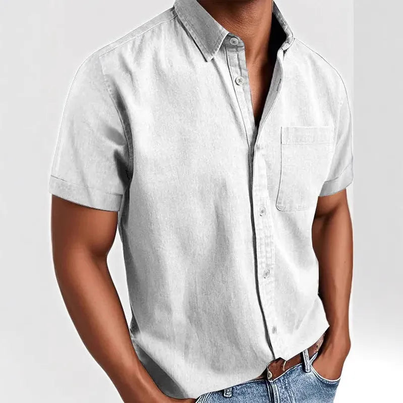 Men's short-sleeved polo collar shirt, solid colour, with pocket on front, in black, white, and khaki options