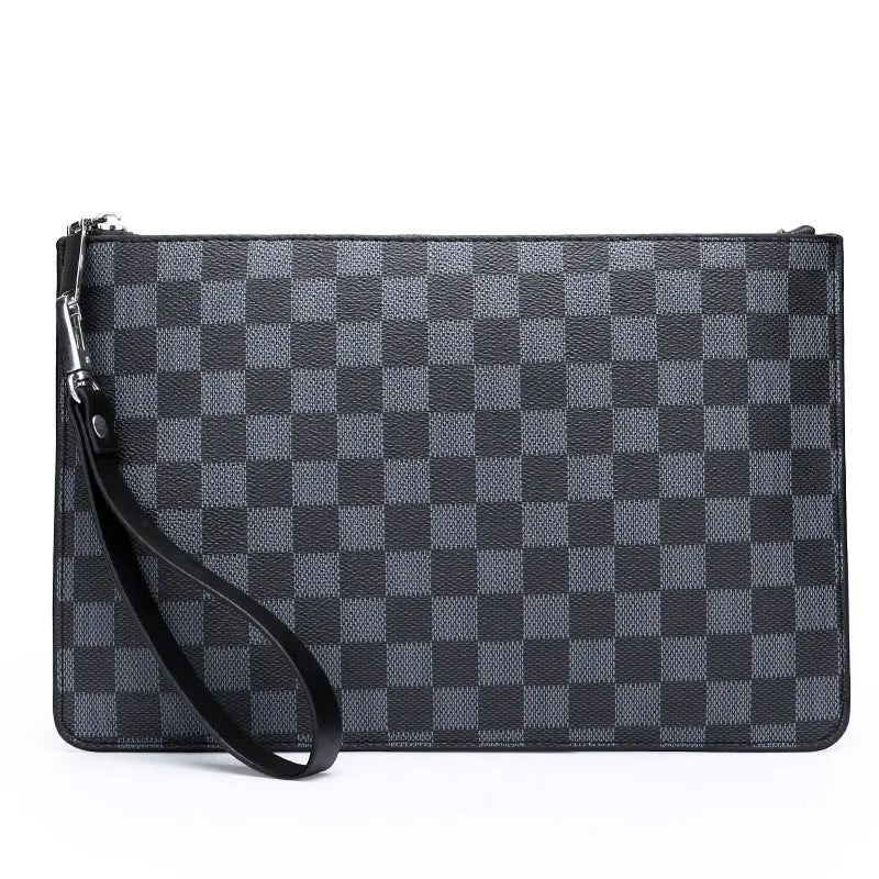 Men's black checkered PU leather clutch wallet showing card slots and zip pocket
