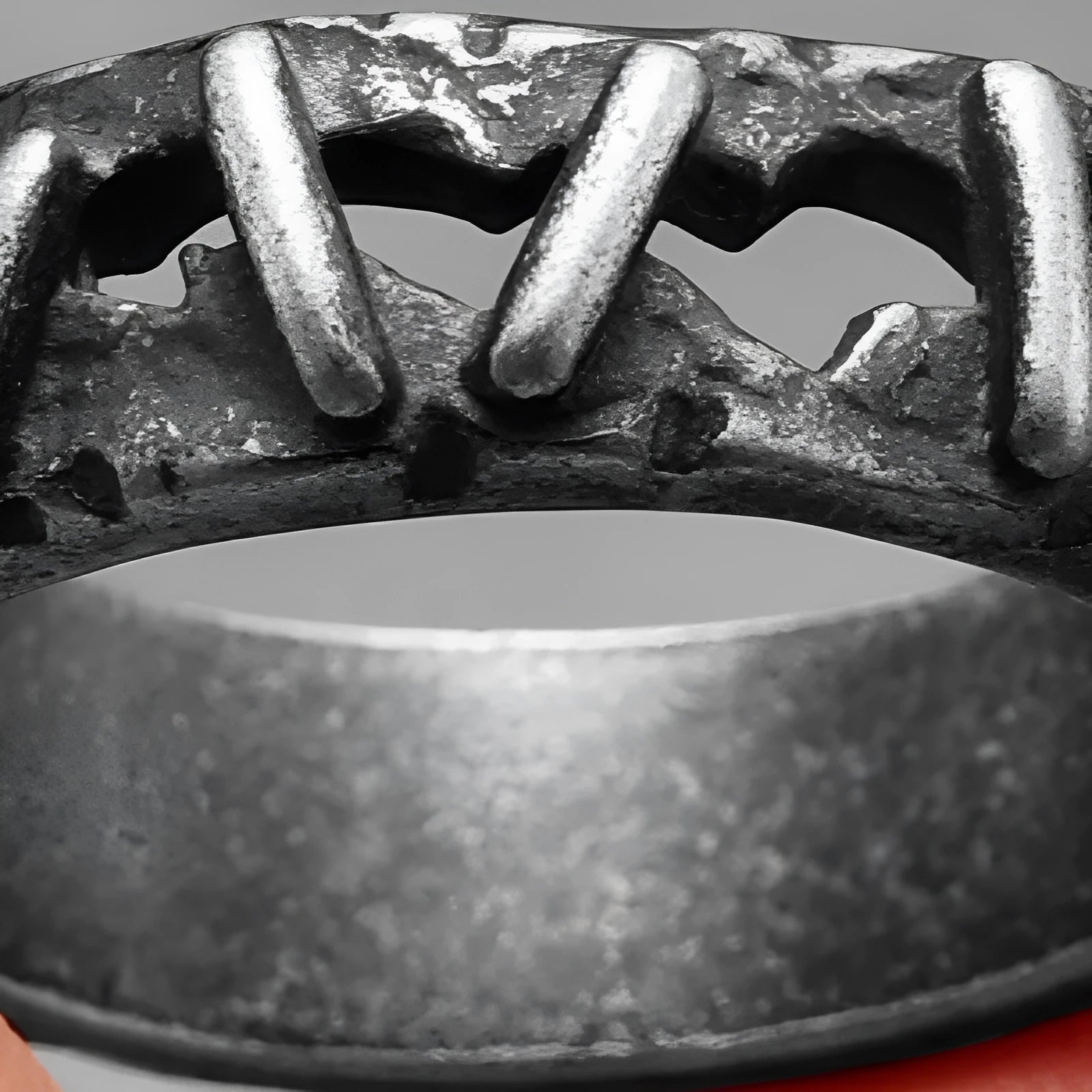 Stainless steel double ring with dark stitching detail showing punk style design