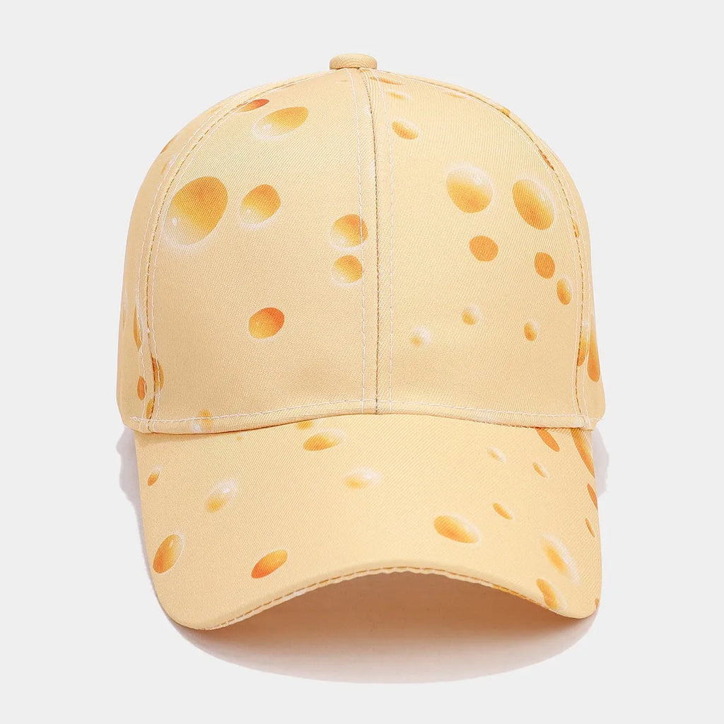 Full printed cheese pattern peaked cap with adjustable strap and dome crown