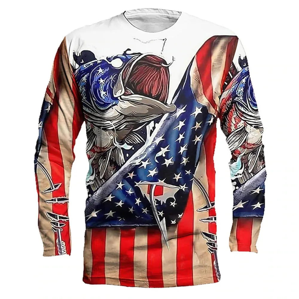 Men's grey long sleeve pullover with an all-over blue and white fish print, round neck, casual fit