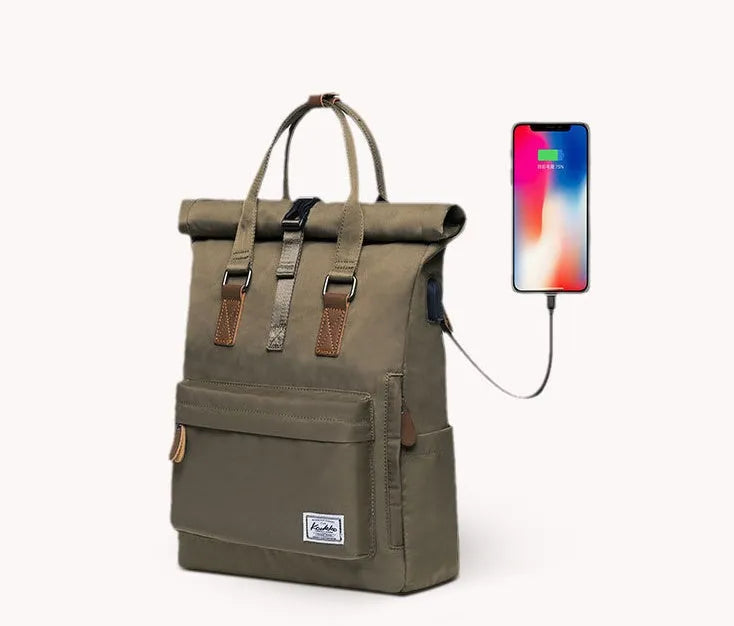 Casual polyester backpack with cover opening showing laptop compartment and zipper pocket