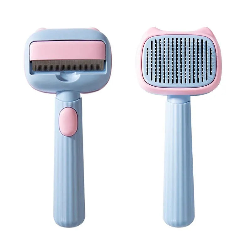 Red double-sided pet grooming brush with deshedding rake and dematting comb, shown with dimensions.