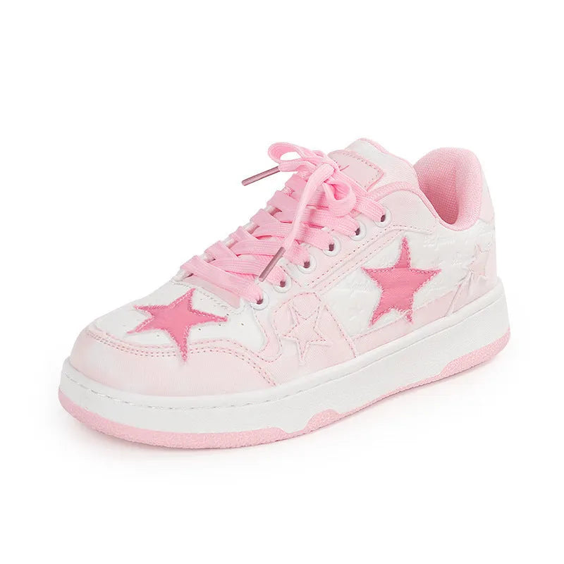 Denim skateboard shoes with round toe, rubber sole and front lace-up in pink, green and black colours