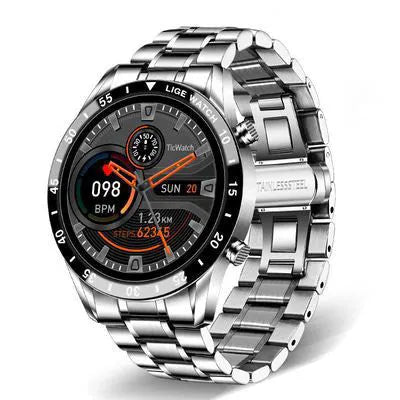Stainless steel smart watch with 1.3-inch touchscreen display showing step count