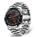 Stainless steel smart watch with 1.3-inch touchscreen display showing step count