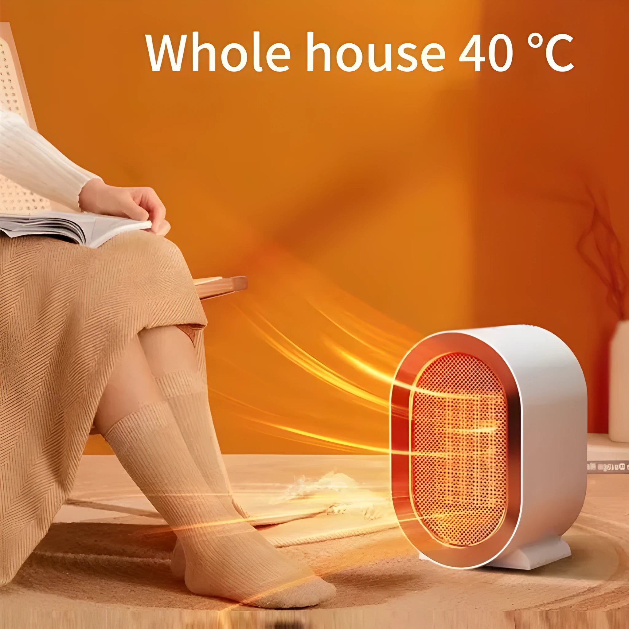 Black desktop electric mini fan heater with PTC ceramic heating on a table, 220V, for home office use