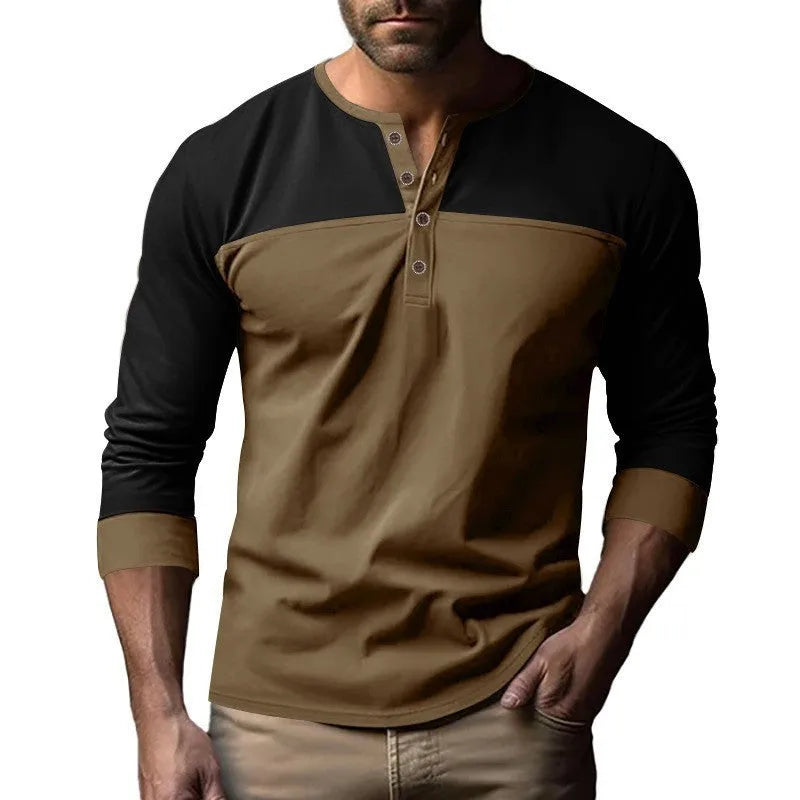 Long-sleeve Henry collar casual shirt with colour matching design in beaded twill fabric