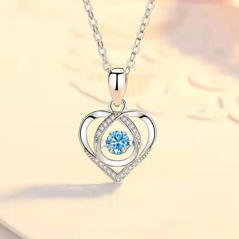 Blue diamond electroplated copper heart necklace and bracelet set with mixed gem inlaid pendant on adjustable 41-50cm chain