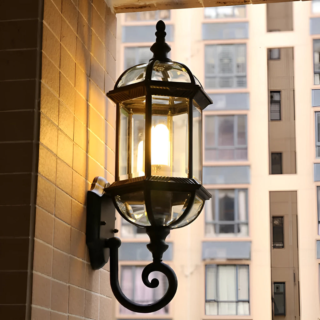Gold aluminium outdoor waterproof wall lamp with three-layer eight-inch design on brick wall, courtyard setting