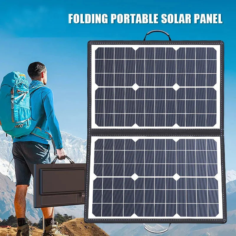 Black 40W single crystal solar folding panel showing compact folded size.