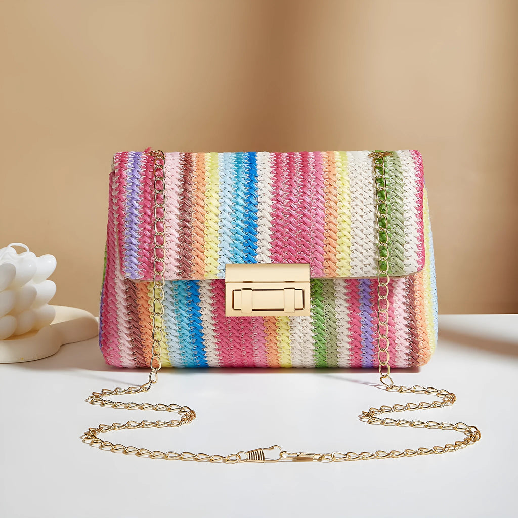 Women's straw cross-body bag in horizontal square shape, rainbow colour, with lock closure and single shoulder strap