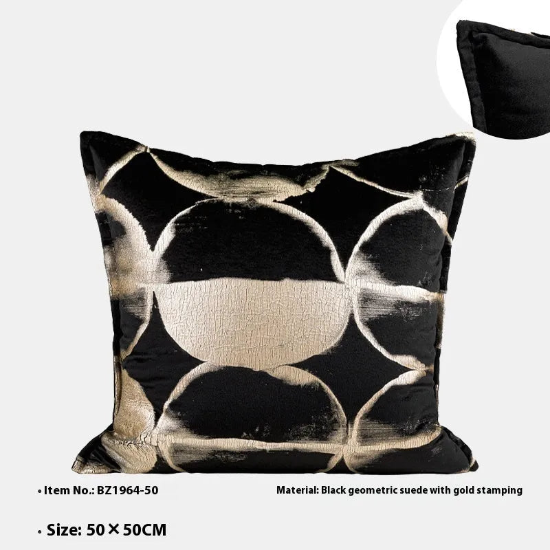 Black gold abstract pattern decorative flannel cushion with removable cover in three sizes.
