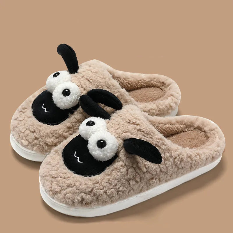 Slip-on thermal cotton slippers in brown with suede uppers and sewn PVC soles