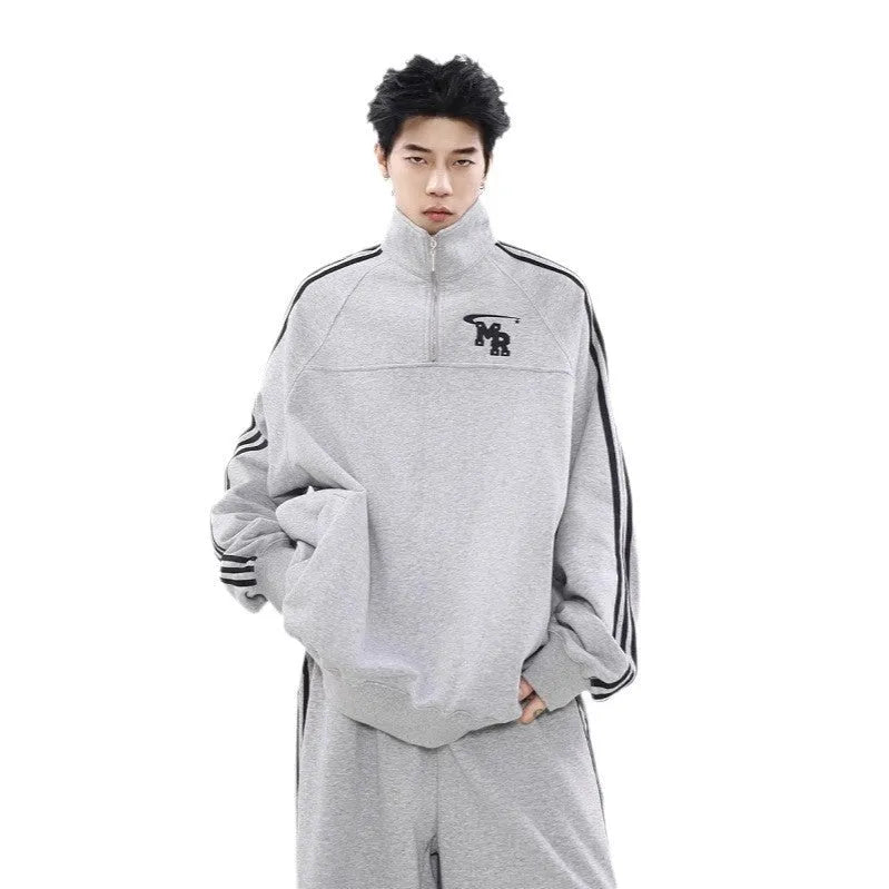 Black Hong Kong style stand collar hoodie with long sleeves for casual sports wear