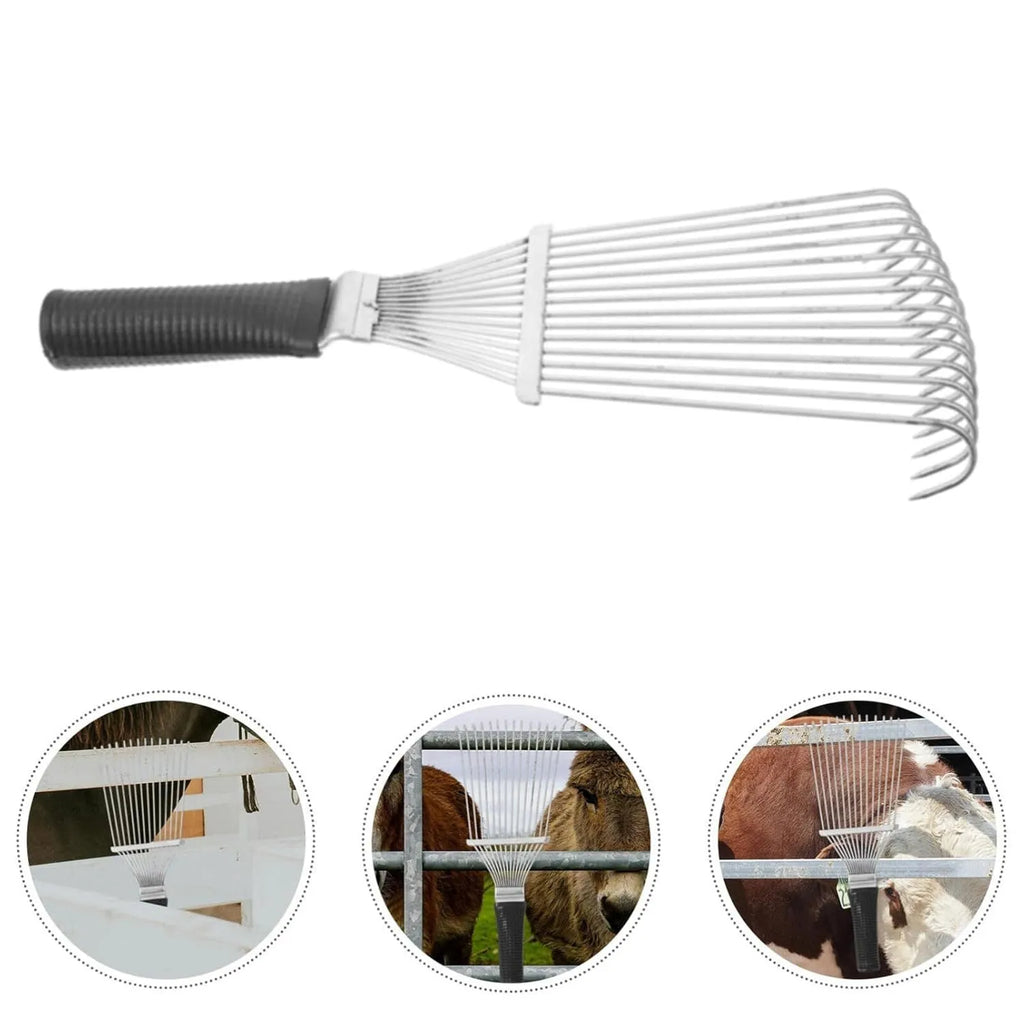 Stainless steel pet grooming hand rake comb for dogs and horses, 33 cm long.
