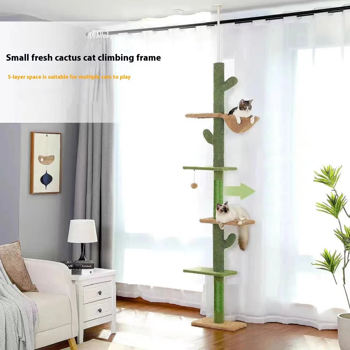 Tall solid wood cat climbing frame with integrated scratch board, cat toy, and elevated nest.
