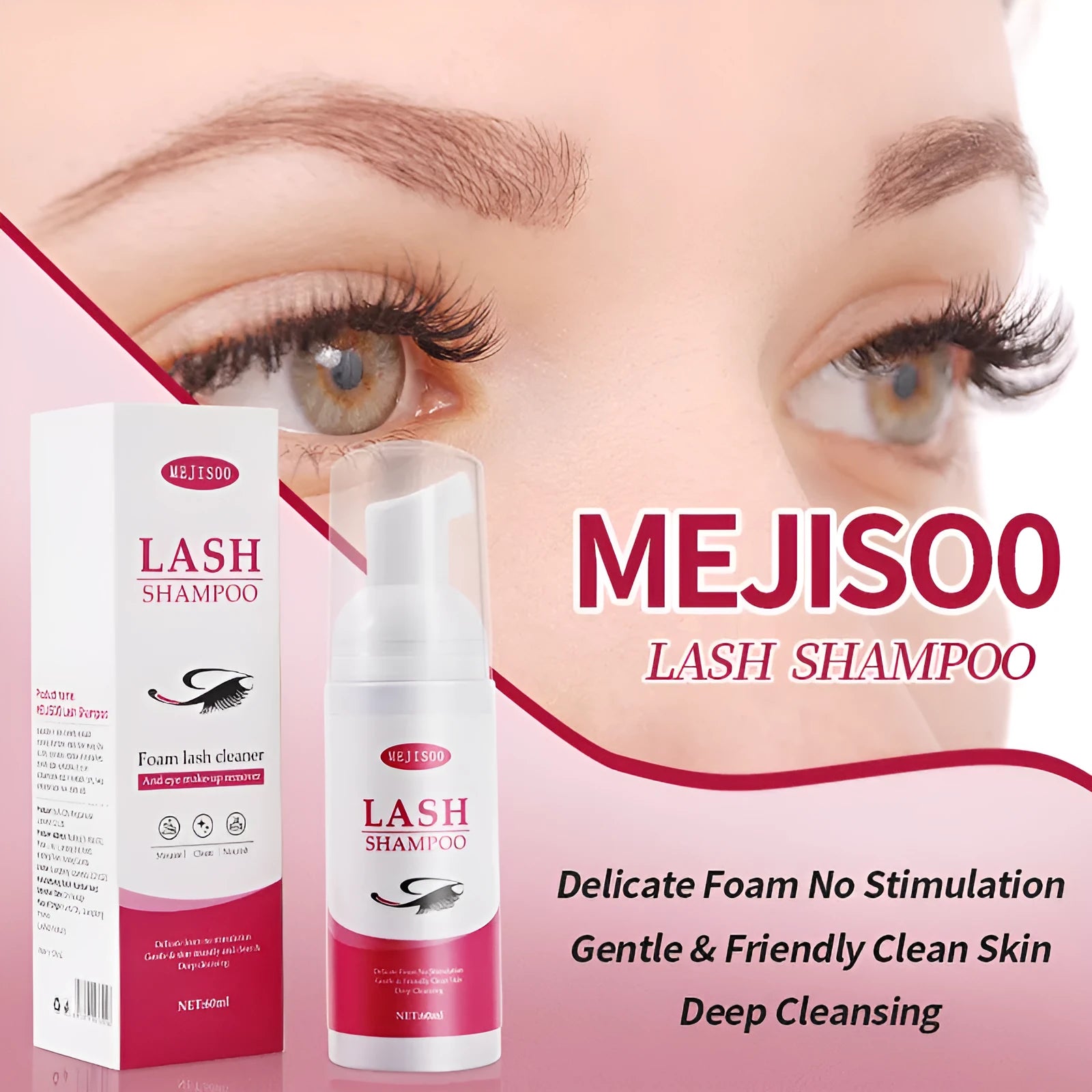 60ml bottle of lash shampoo mousse eyelash cleaning solution, 3.7cm wide.