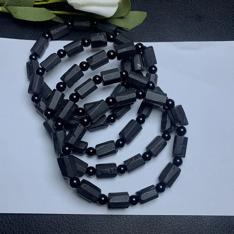 Natural black tourmaline rough stone bracelet unisex 10mm beads Seiko treatment