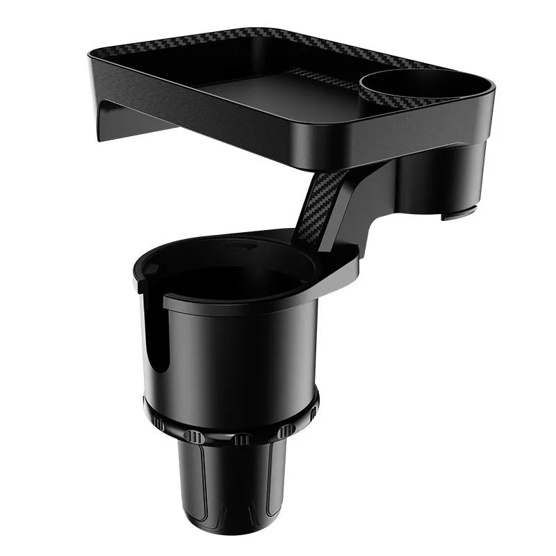 Black car cup holder with rotating dinner tray plate showing 360-degree swivel mechanism