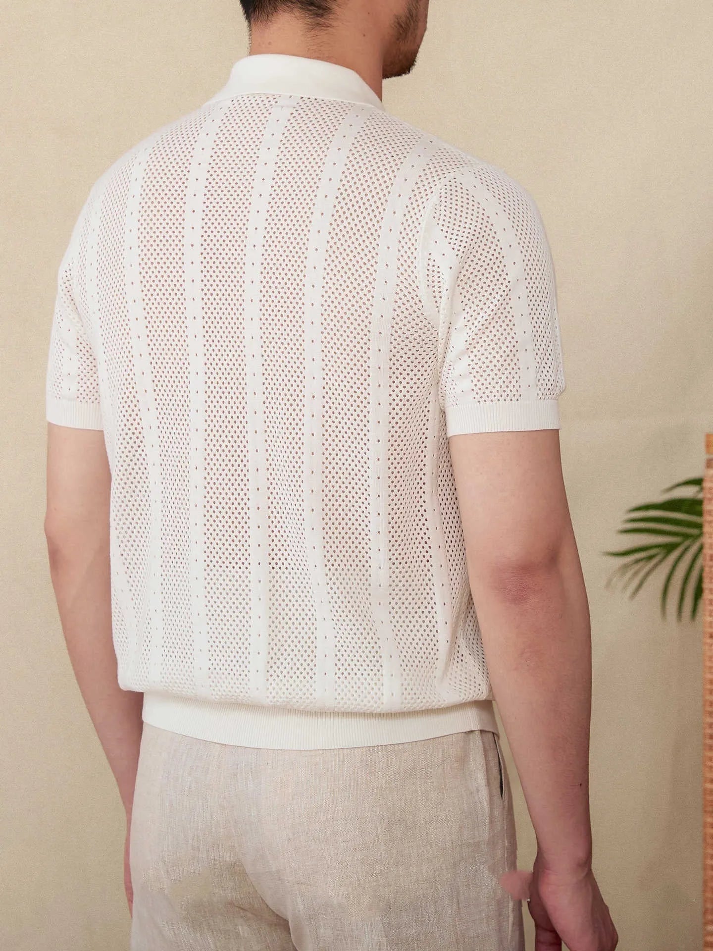 Short sleeve lapel cardigan in breathable 100% cotton with striped knit pattern, available in creamy white