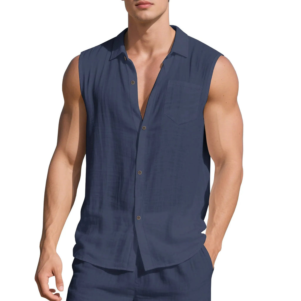 Sleeveless linen polo collar cardigan vest in solid colour, loose fit, front view