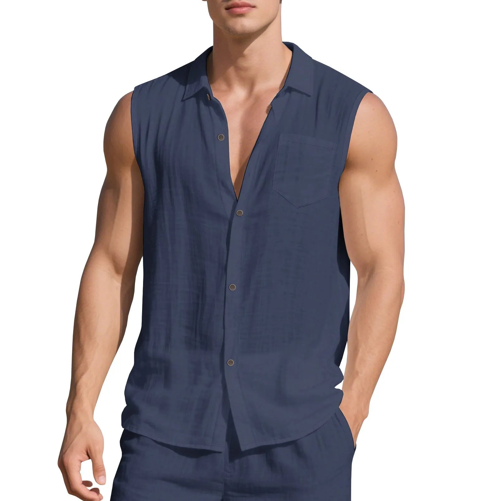 Sleeveless linen polo collar cardigan vest in solid colour, loose fit, front view