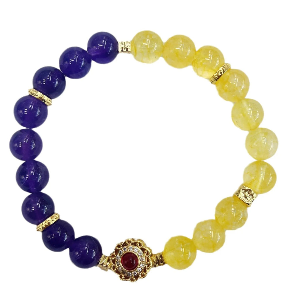 Handmade women's bracelet with yellow and purple amethyst crystal beads
