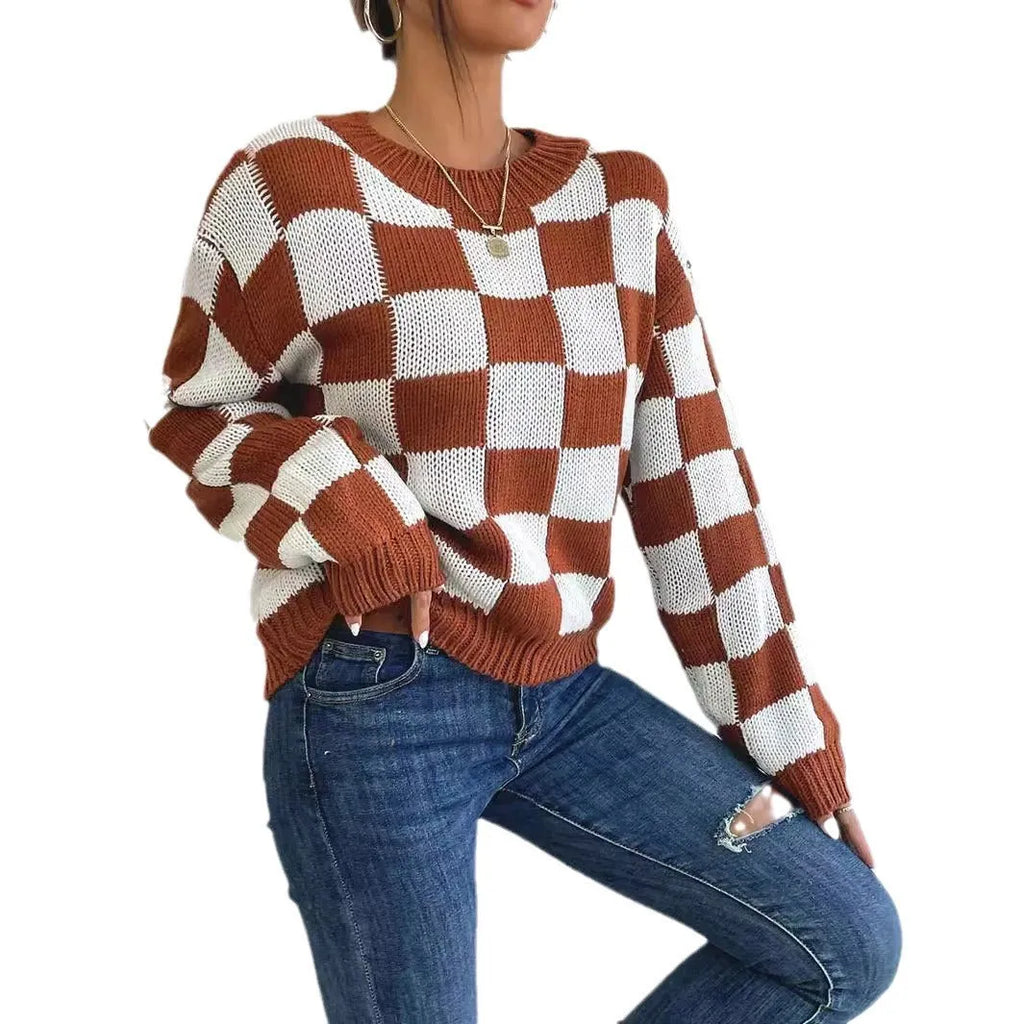 Dark brown chessboard plaid pattern acrylic pullover sweater with loose fit and round neck