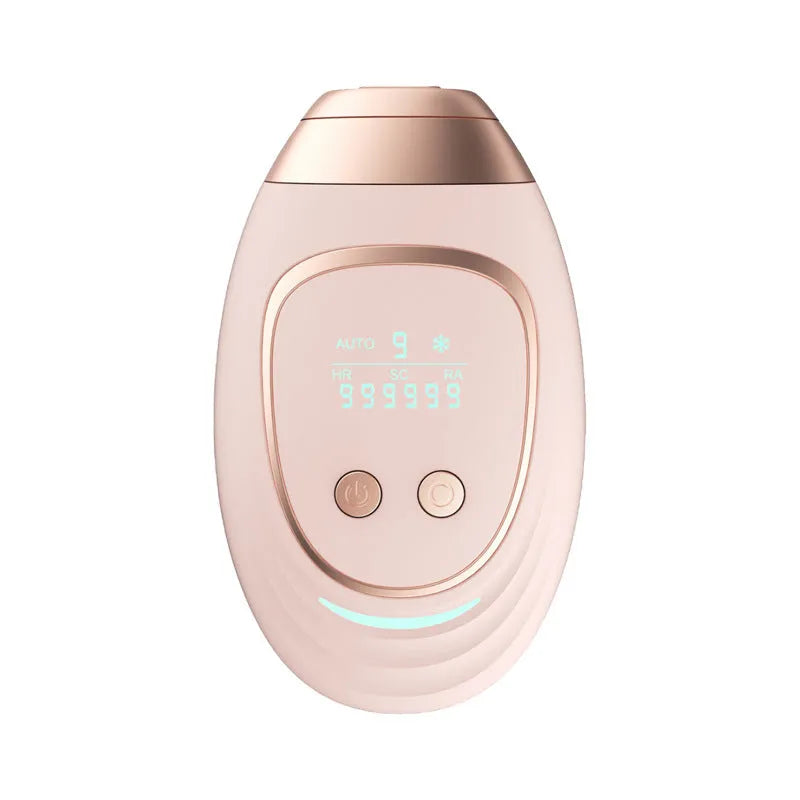 Pink and white cordless laser hair removal device with ice-sensing technology and a shaver attachment on a white background.